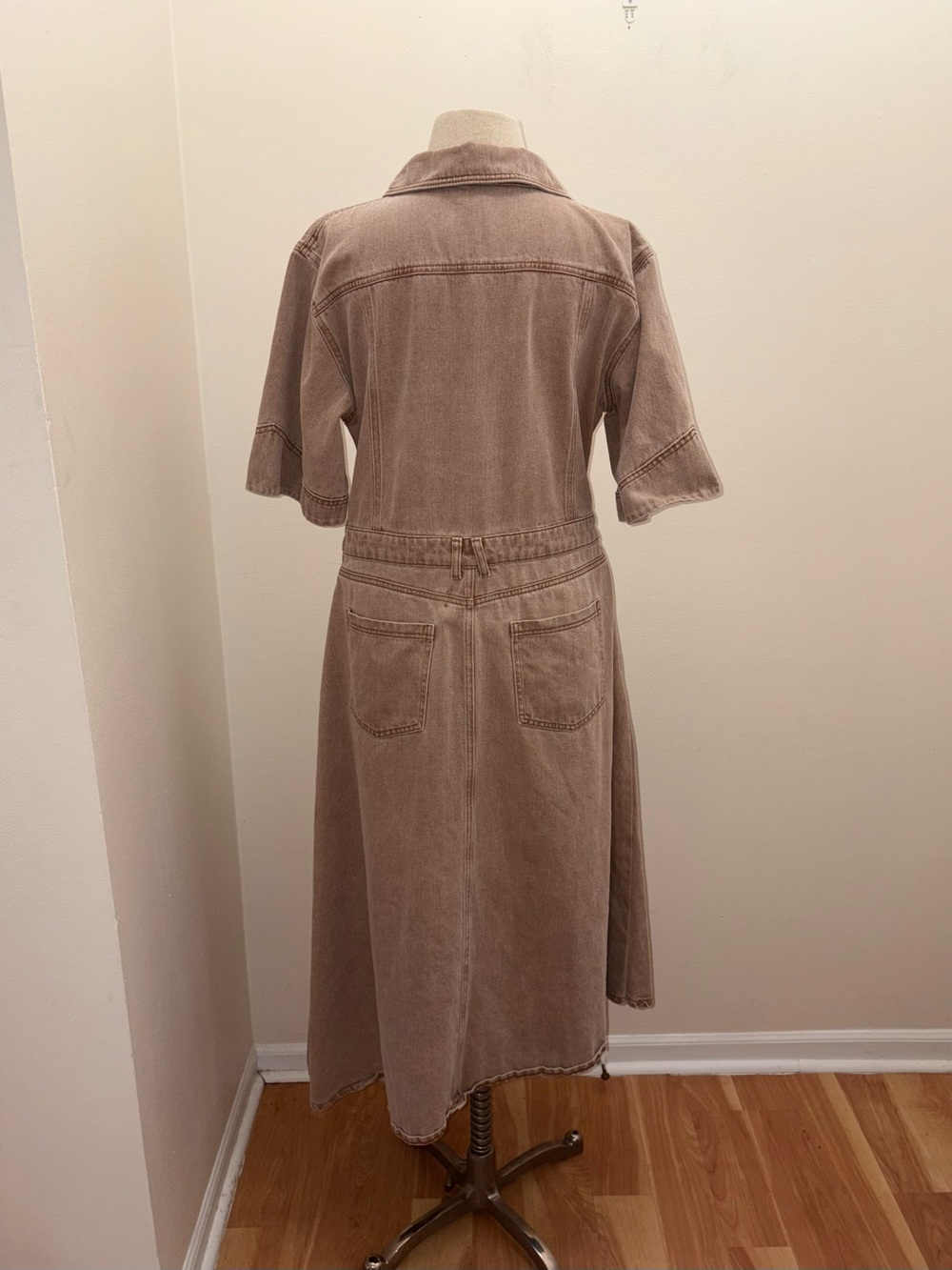 ALIGNE Tan Mateo Asymmetrical Utility Denim Midi Dress Size 12 Large Lagenlook - Picture 5 of 16